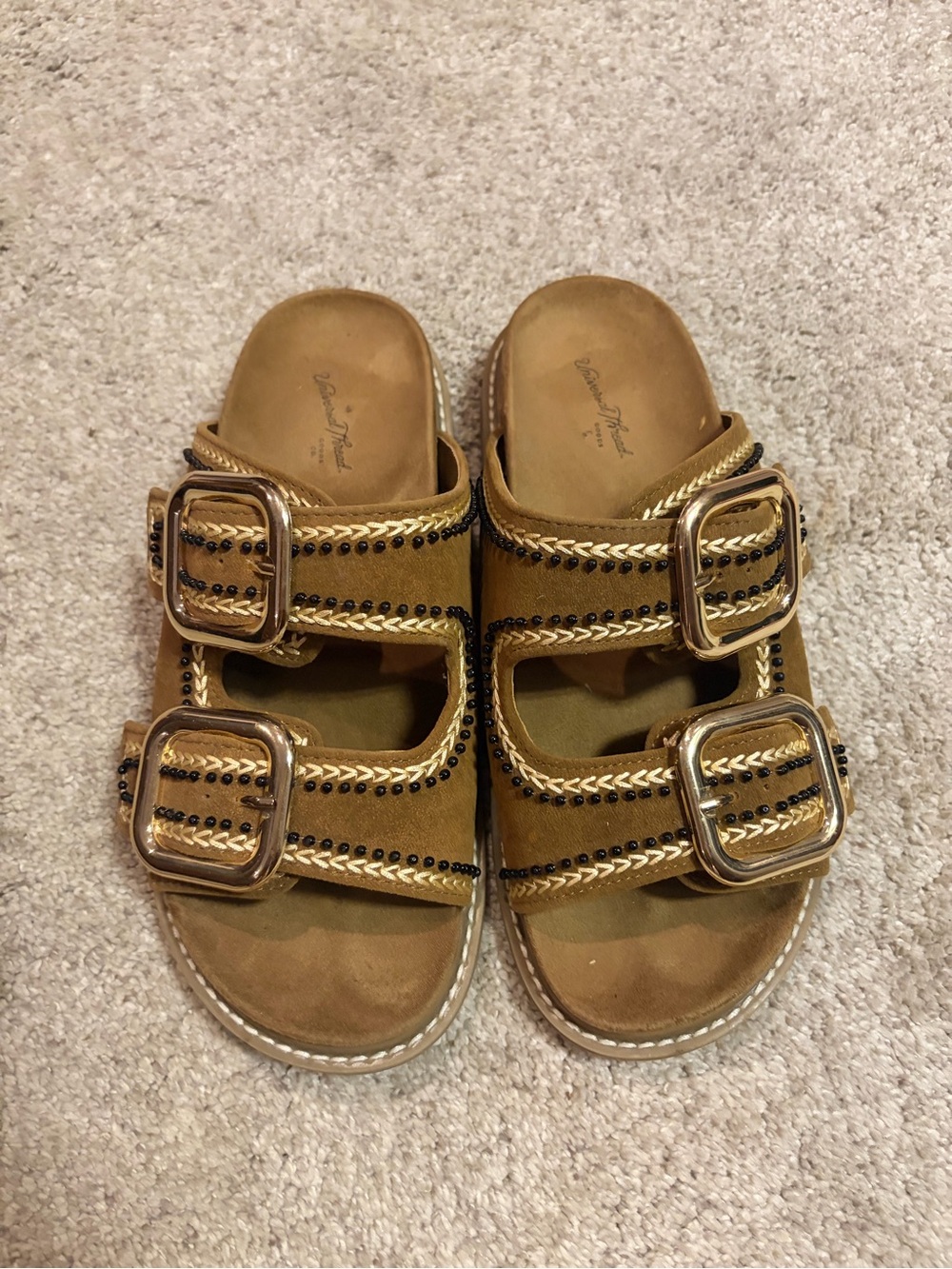 Universal Thread Tan Double-Buckle Slide Sandals with Gold Accents